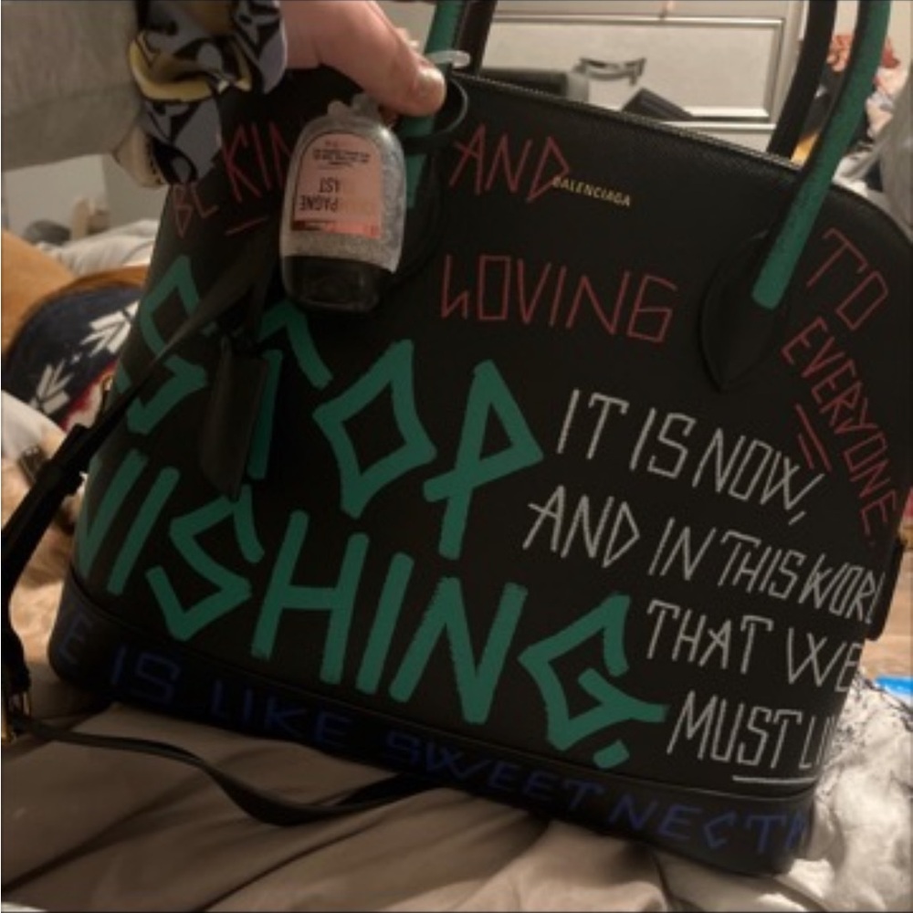 Balenciaga Black and Teal Graphic Tote
